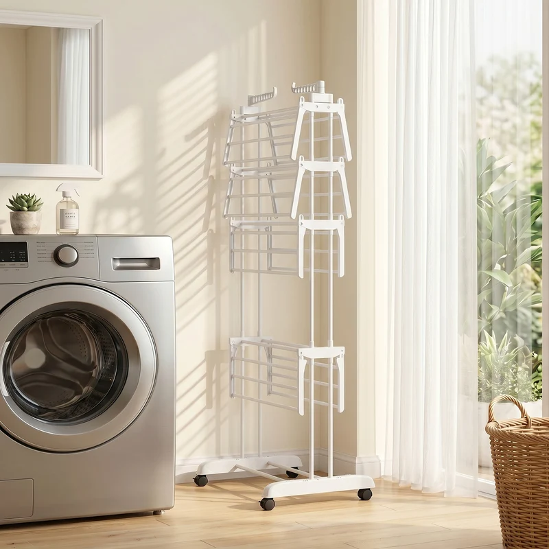 Séchoir à linge pliable 4 niveaux avec roulettes, étendoir linge intérieur avec ailes latérales, cadre en acier, blanc