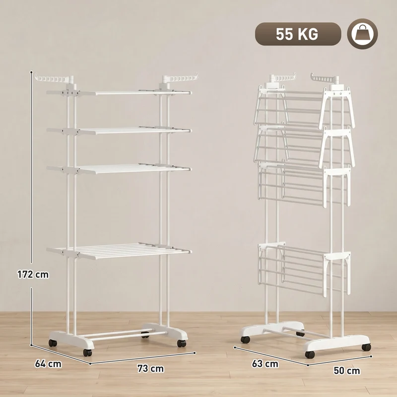 Séchoir à linge pliable 4 niveaux avec roulettes, étendoir linge intérieur avec ailes latérales, cadre en acier, blanc