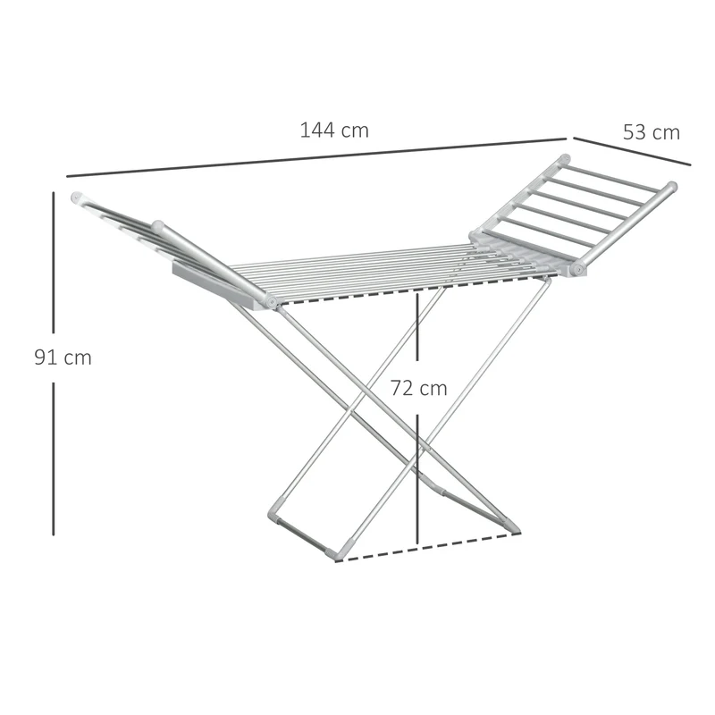 Séchoir à linge étendoir à linge électrique 2 ailes latérales extensibles cadre en alliage d'aluminium 144 x 53 x 91 cm