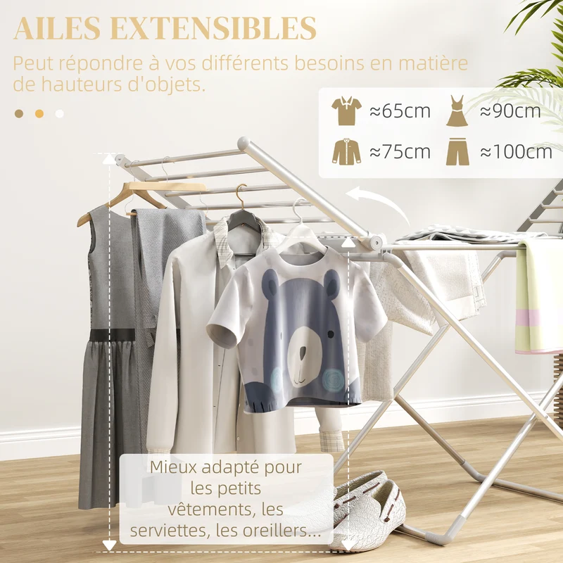 Séchoir à linge étendoir à linge électrique 2 ailes latérales extensibles cadre en alliage d'aluminium 144 x 53 x 91 cm