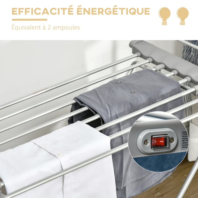 Séchoir à linge étendoir à linge électrique 2 ailes latérales extensibles cadre en alliage d'aluminium 144 x 53 x 91 cm