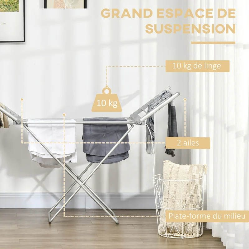 Séchoir à linge étendoir à linge électrique 2 ailes latérales extensibles cadre en alliage d'aluminium 144 x 53 x 91 cm