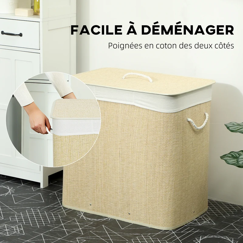Panier à linge à trois compartiments avec couvercle, panier à linge en bambou 144 L avec poignées en corde