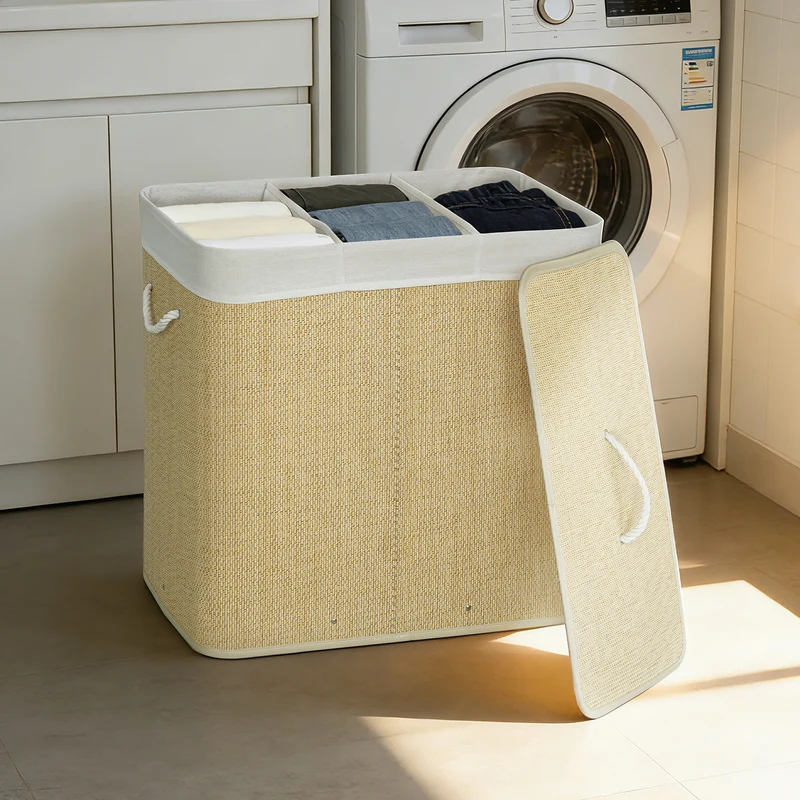 Panier à linge à trois compartiments avec couvercle, panier à linge en bambou 144 L avec poignées en corde