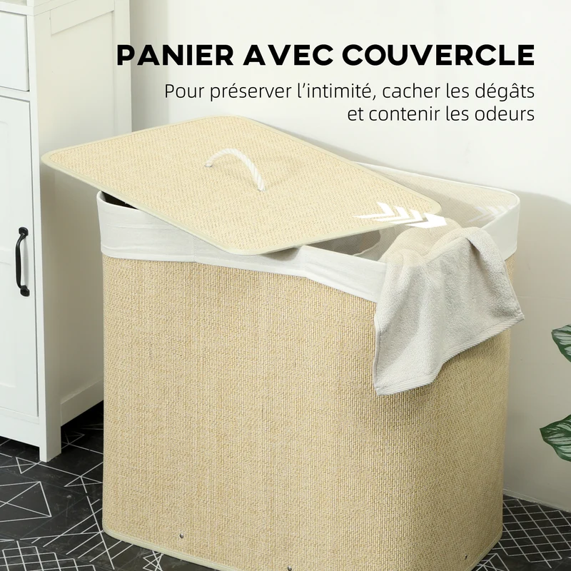 Panier à linge à trois compartiments avec couvercle, panier à linge en bambou 144 L avec poignées en corde