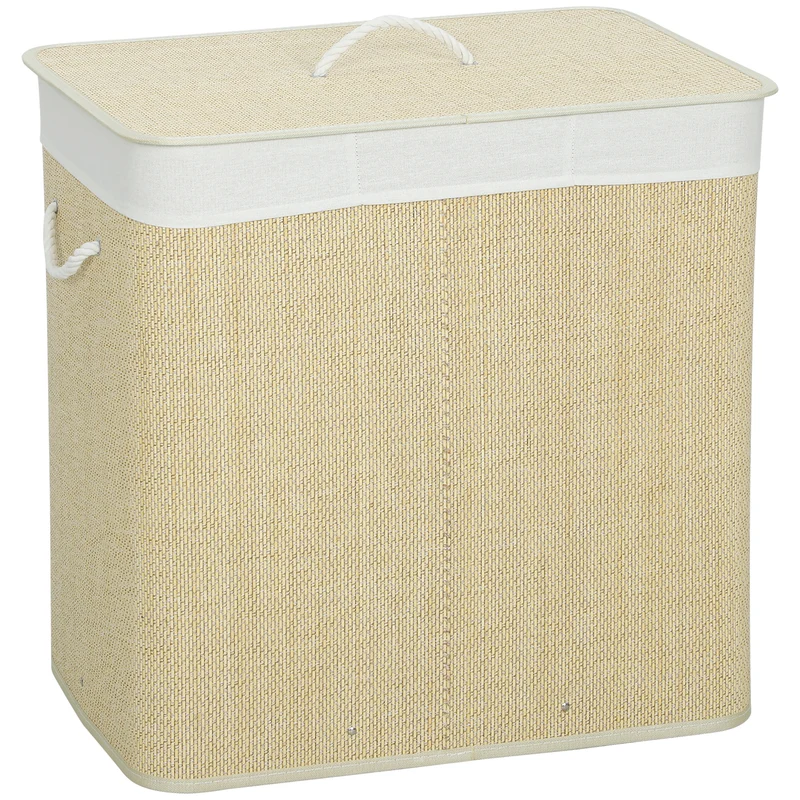 Panier à linge à trois compartiments avec couvercle, panier à linge en bambou 144 L avec poignées en corde