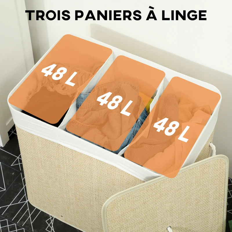 Panier à linge à trois compartiments avec couvercle, panier à linge en bambou 144 L avec poignées en corde