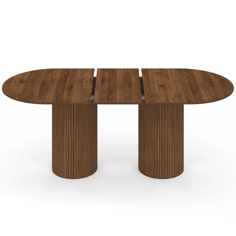 Table à manger extensible Albane 160-200cm 2 pieds pylône effet noyer