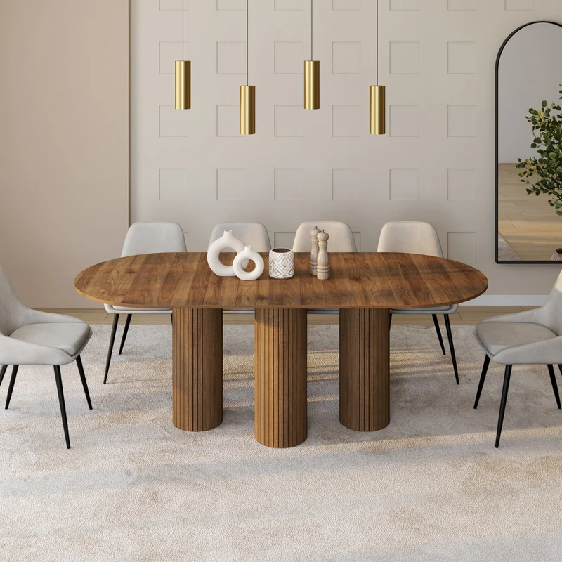 Table à manger extensible Albane 160-200cm 3 pieds pylône effet noyer