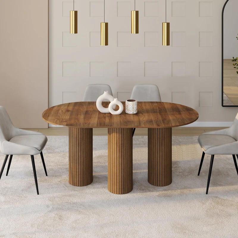 Table à manger extensible Albane 160-200cm 3 pieds pylône effet noyer