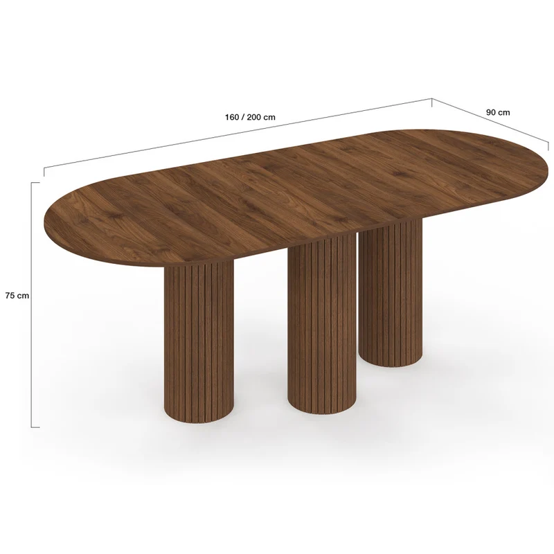 Table à manger extensible Albane 160-200cm 3 pieds pylône effet noyer