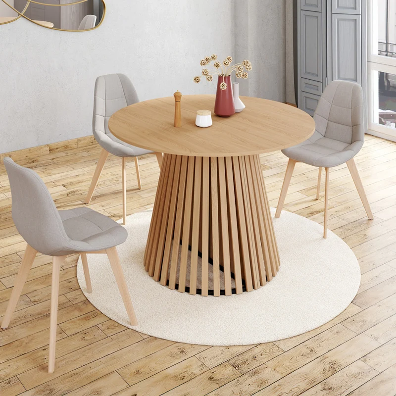 Table à manger ronde extensible Camélia bois et pied lattes Ø110-200cm