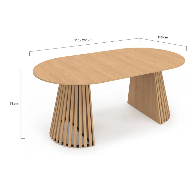 Table à manger ronde extensible Camélia bois et pied lattes Ø110-200cm