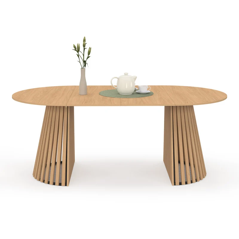 Table à manger ronde extensible Camélia bois et pied lattes Ø110-200cm