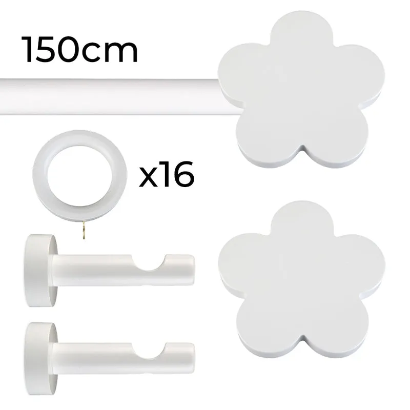 Tringle à rideau Ø22mm Fleur blanche Avec anneaux Installation au mur