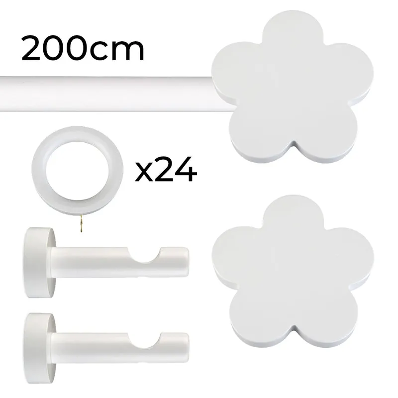 Tringle à rideau Ø22mm Fleur blanche Avec anneaux Installation au mur