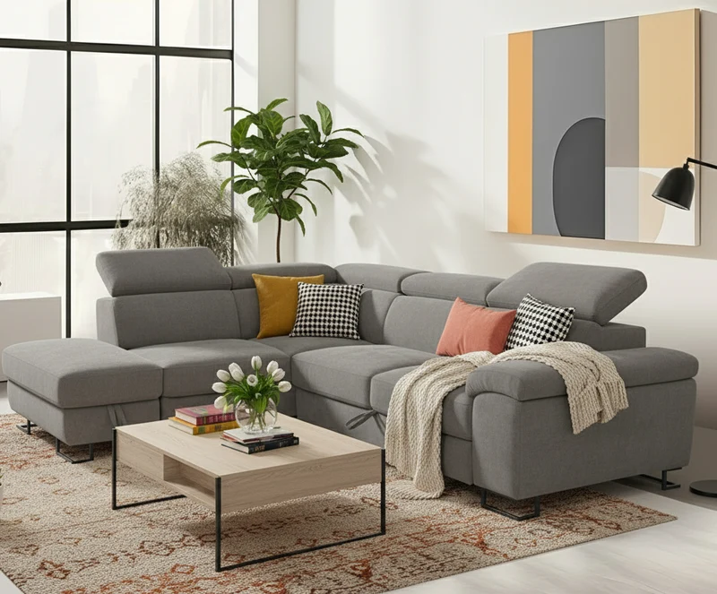 CANAPE D'ANGLE DROIT TRANSFORMABLE EN LIT AVEC COFFRE RANGEMENT TISSU EPAIS 276x212x79