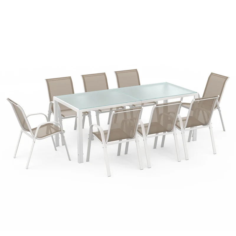 Ensemble de jardin Minorca 8 places en textilène et verre trempé blanc et beige