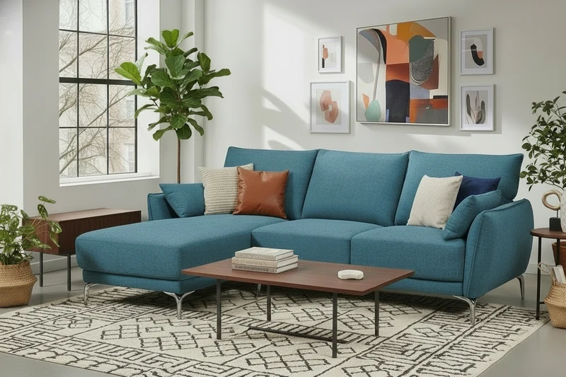 CANAPE D'ANGLE TISSU MAILLET AVEC DEUX COUSSIN BLEU 227x154x86 ( 2COLIS)