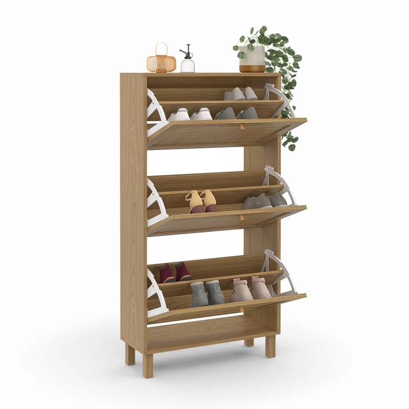 Meuble à chaussures Erin 3 portes en cannage - 18 paires