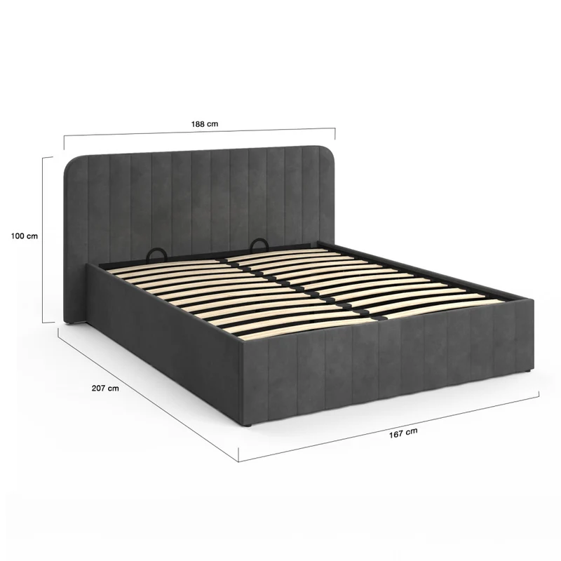 Lit coffre Valentina en velours gris avec sommier et tête de lit 160x200cm