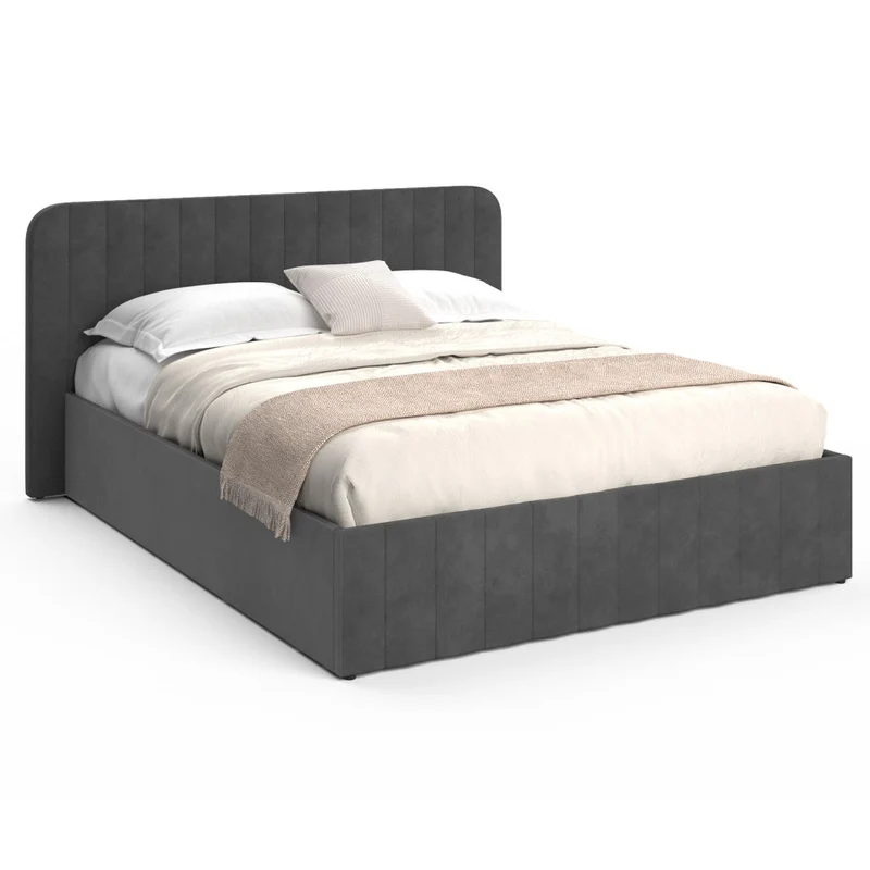 Lit coffre Valentina en velours gris avec sommier et tête de lit 160x200cm