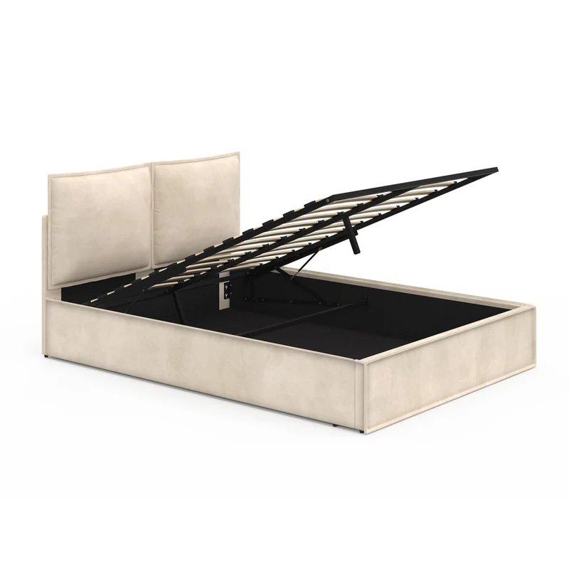 Lit coffre Lilou en velours beige avec sommier et tête de lit effet oreiller 140x190cm