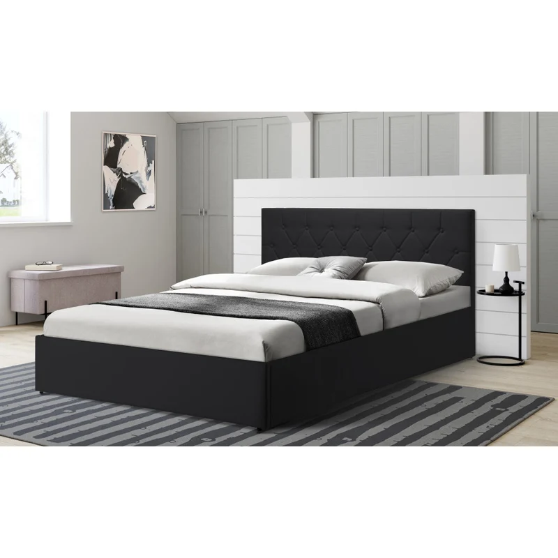 Lit coffre Hanna en PVC noir avec sommier et tête de lit 140x190cm