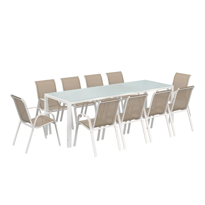 Ensemble repas Formentera 10 places en acier beige et verre trempé 240 cm
