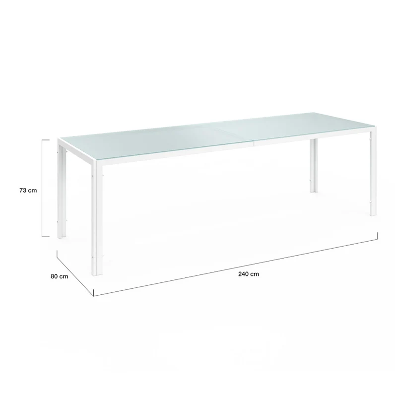 Ensemble repas Formentera 10 places en acier beige et verre trempé 240 cm