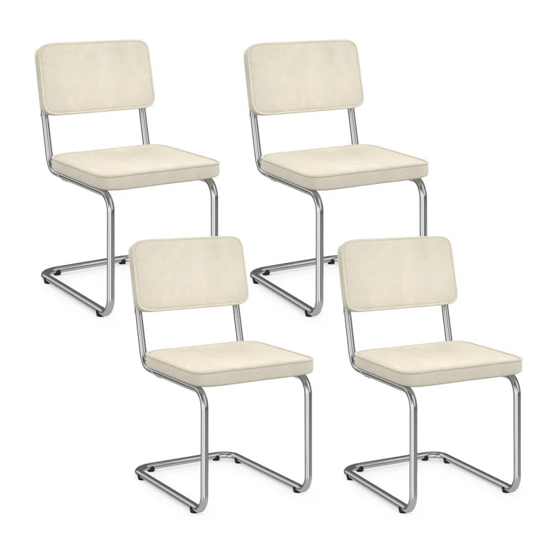 Chaises Naya en velours crème et pied métal cantilever - lot de 4
