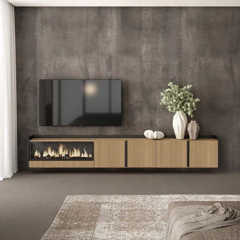 Meuble TV Suspendu 315x50x35 cm Pour les TV jusqu'à 80" Cheminée électrique à gauche XXL Mural Chêne et noir