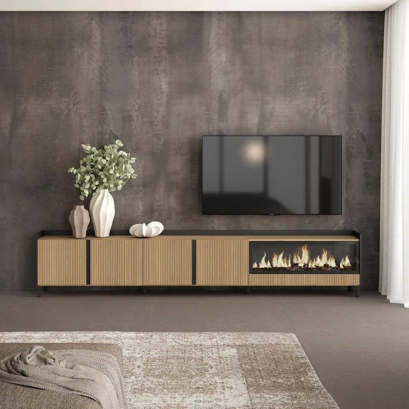 Meuble TV 315x61x35 cm Pour les TV jusqu'à 80" Cheminée électrique à droite XXL Design industriel Chêne et noir