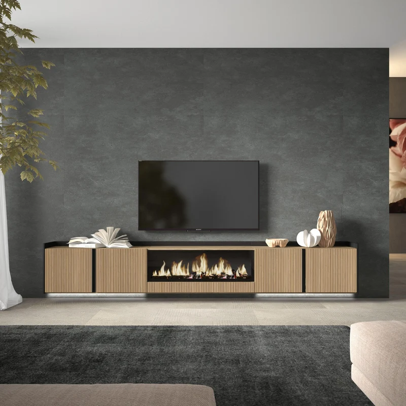 Meuble TV Suspendu Led 315x50x35 cm Pour les TV jusqu'à 80" Cheminée électrique au centre XXL Mural Chêne et noir
