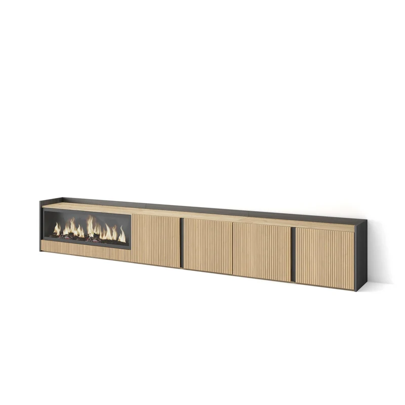 Meuble TV 315x50x35 cm Pour les TV jusqu'à 80" Cheminée électrique à gauche XXL Chêne et noir