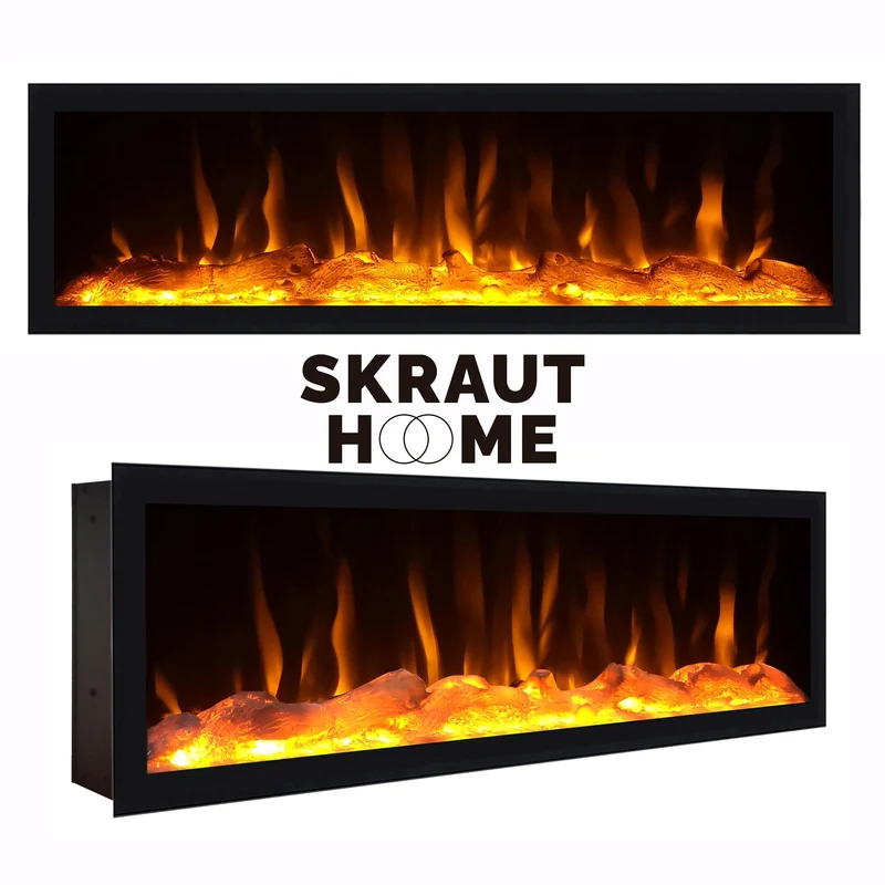 Meuble TV Suspendu Led 315x50x35 cm Pour les TV jusqu'à 80" Cheminée électrique à droite XXL Mural Chêne et noir