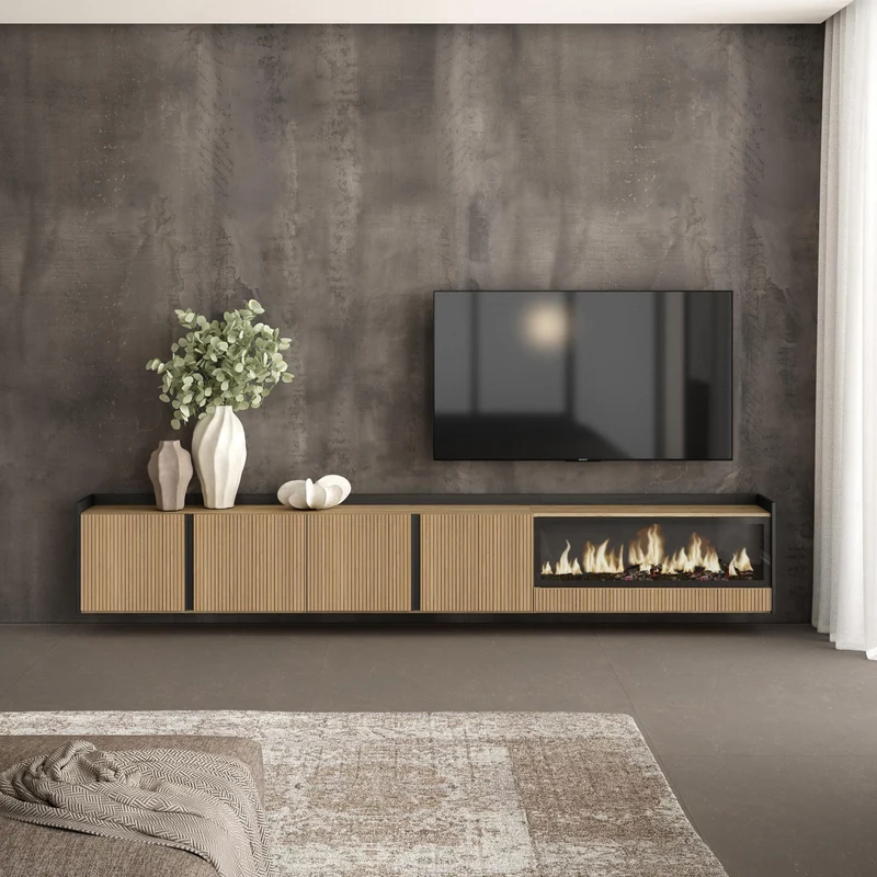 Meuble TV Suspendu 315x50x35 cm Pour les TV jusqu'à 80" Cheminée électrique à droite XXL Mural Chêne et noir