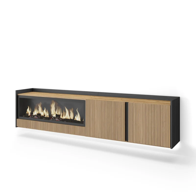 Meuble TV Suspendu Led 212x50x35 cm Pour les TV jusqu'à 80" Cheminée électrique à gauche XXL Mural Chêne et noir