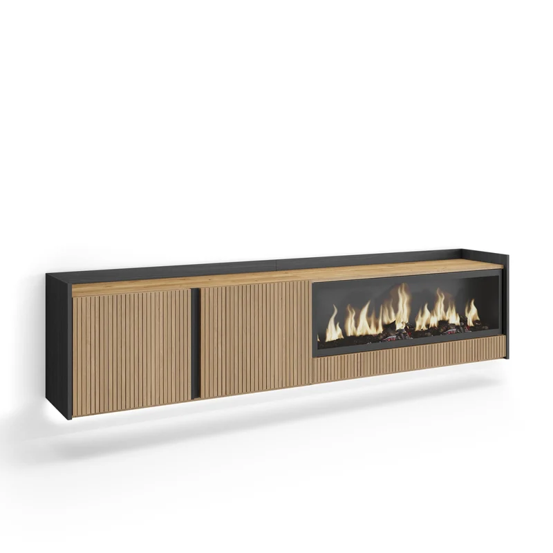 Meuble TV Suspendu Led 212x50x35 cm Pour les TV jusqu'à 80" Cheminée électrique à droite XXL Mural Chêne et noir