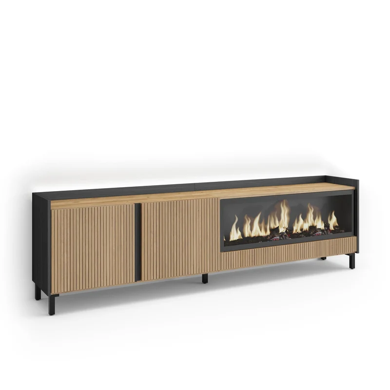 Meuble TV Led 212x61x35 cm Pour les TV jusqu'à 80" Cheminée électrique à droite XXL Design industriel Chêne et noir