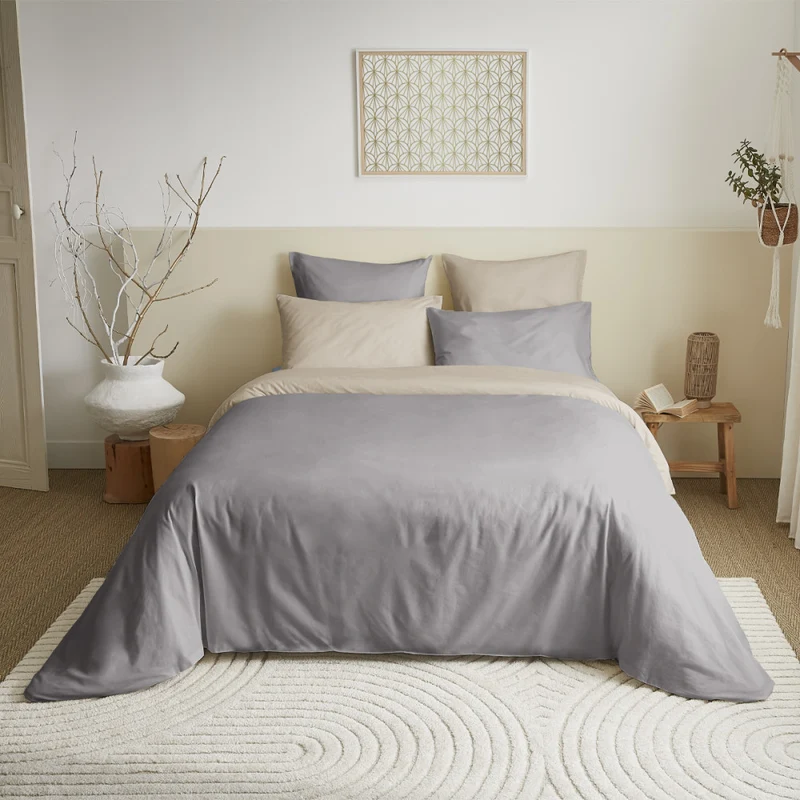 Pack 6 pièces Housse de couette 220 x 240 cm - 100% coton / 57 fils/cm² - Taupe/Lin réversible Bicolore