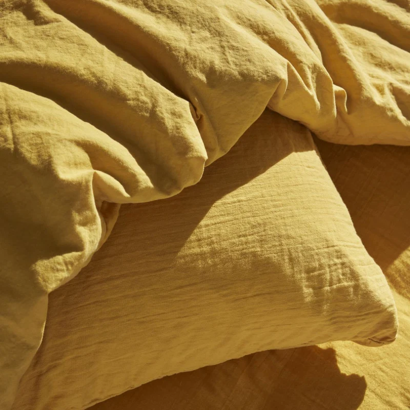 Pack 3 pièces Housse de couette 260 x 240 cm + 2 Taies d'oreiller 65 x 65 cm Gaze de Coton Ocre