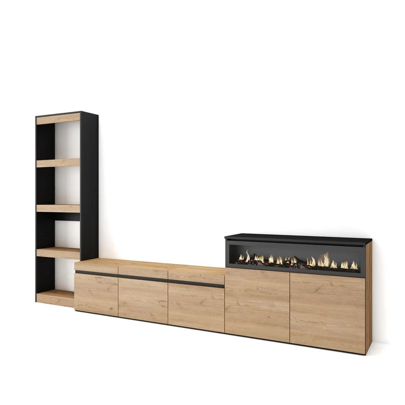 Ensemble Meuble TV - 310x186x35cm - Cheminée électrique - Pour les TV jusqu'à 65¨- Chêne et noir
