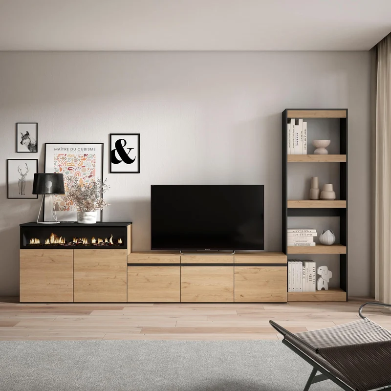Ensemble Meuble TV - 310x186x35cm - Cheminée électrique - Pour les TV jusqu'à 65" - Chêne et noir