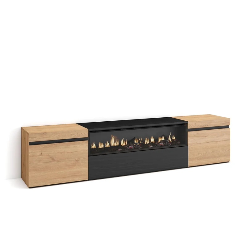 Meuble TV - 200x45x35cm - Cheminée électrique - Pour les TV jusqu'à 80"- Chêne et noir
