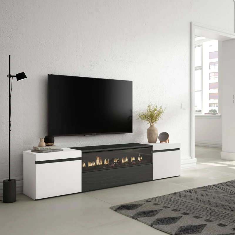 Meuble TV - 200x45x35cm - Cheminée électrique - Pour les TV jusqu'à 80"¨- Blanc et noir
