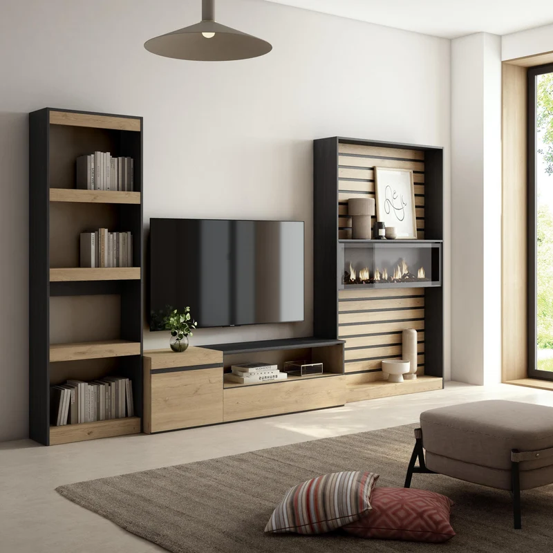 Ensemble Meuble TV - 320x186x35cm - Cheminée électrique - Chêne et noir