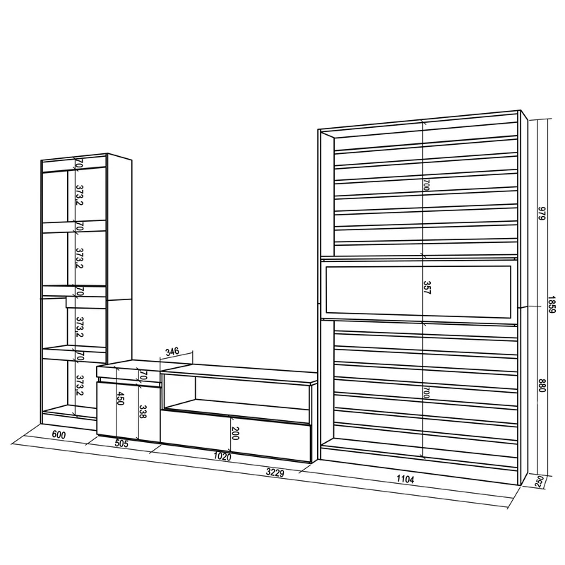 Ensemble Meuble TV - 320x186x35cm - Cheminée électrique - Chêne et noir