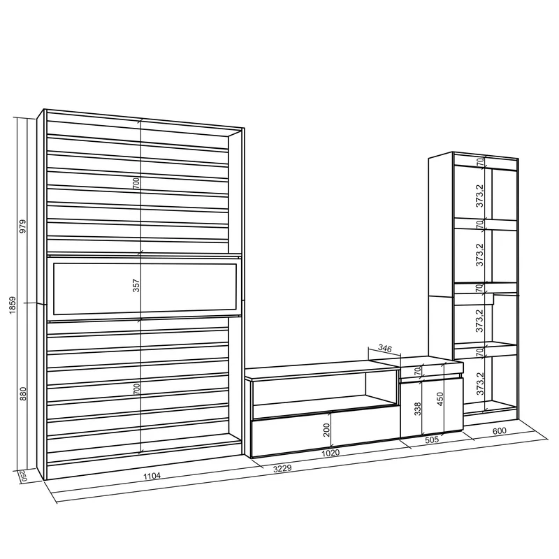 Ensemble Meuble TV - 320x186x35cm - Cheminée électrique - Chêne et noir