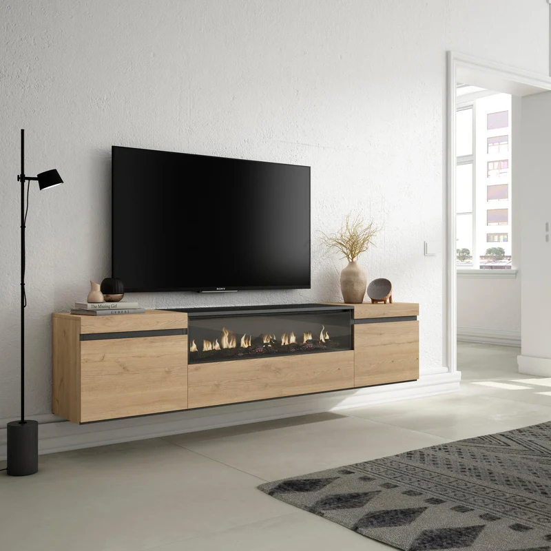 Meuble TV - 200x45x35cm - Cheminée électrique - Suspendu - Mural, Chêne et noir